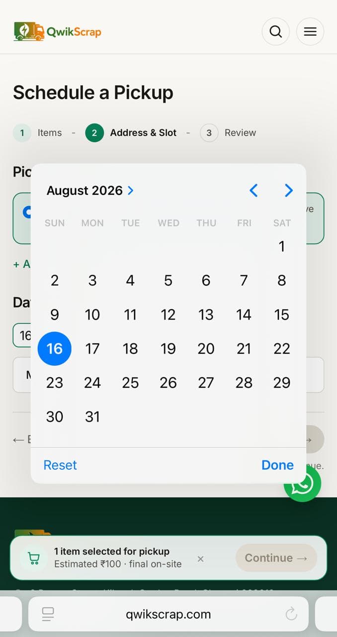Picking a pickup date in the QwikScrap booking flow