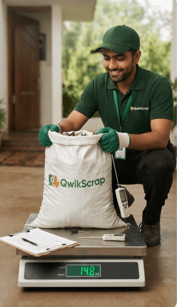 A QwikScrap agent weighing scrap at the doorstep